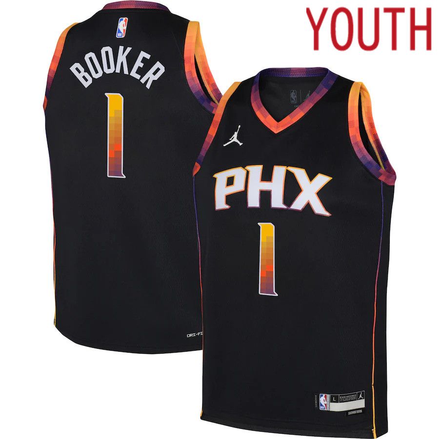 Youth Phoenix Suns #1 Devin Booker Jordan Brand Black 2022-23 Swingman NBA Jersey->->Youth Jersey